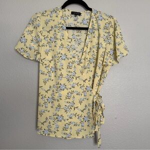 1. State Yellow Wrap Front Blouse Floral Women’s Size M